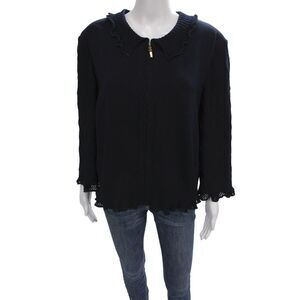 St John Collection Women Dark Blue Collared Full Zip Cardigan 3/4 Sleeve Size 16